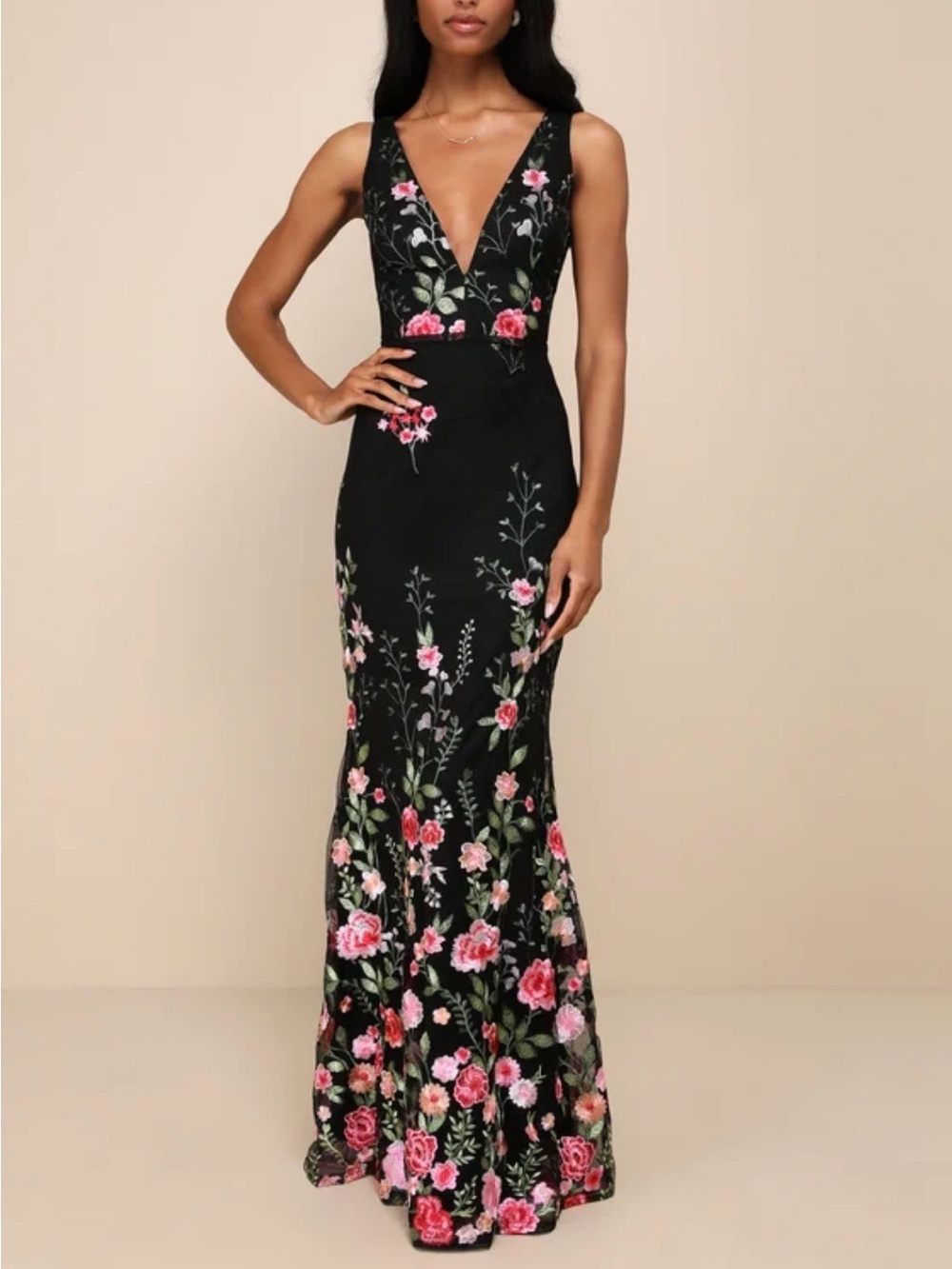 Lulu’s Soirée Blossom Black Floral Embroidered Deep V Evening Gown